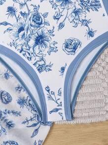 Tween Girl Floral One-Piece Swimsuit And Knotted Side Swim Skirt