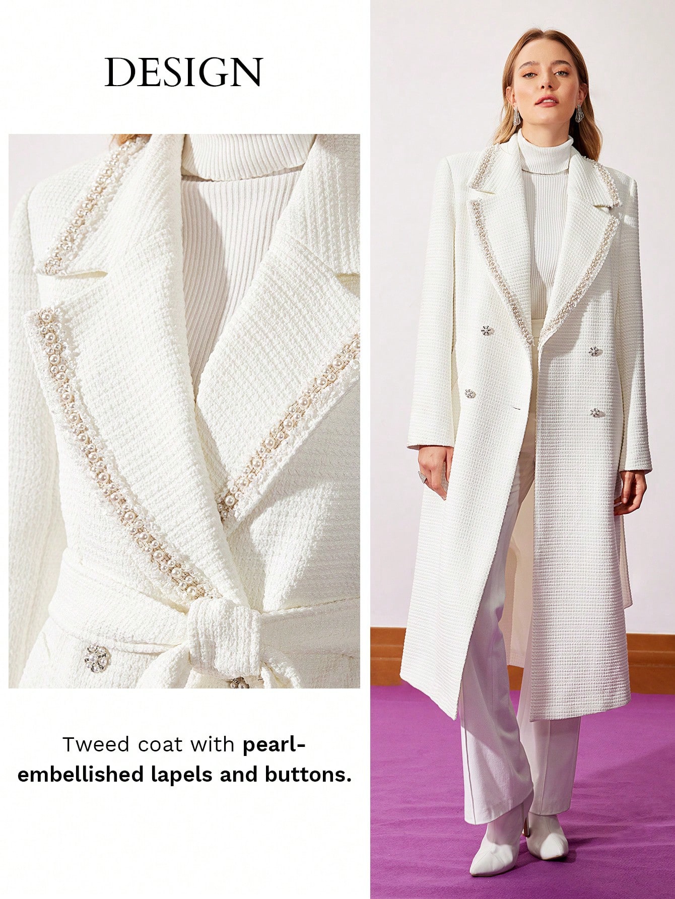 BELTED PEARL TRIM TWEED COAT｜Motf