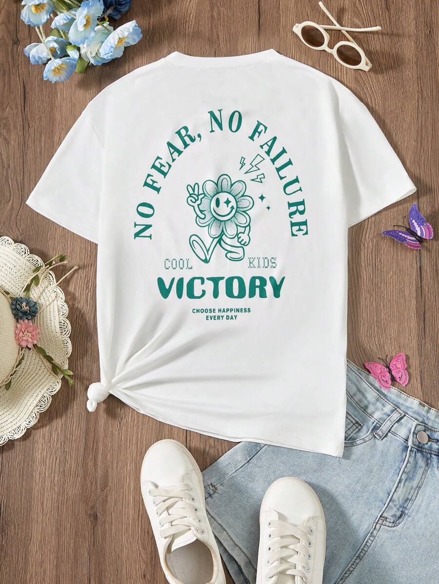 Cô gái Tween Lá thư Và Mặt Trở lại In Áo thun - trắng - Xem 1