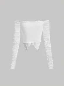 SHEIN MOD Women's Mesh Splice Off Shoulder T-Shirt - White - View 2