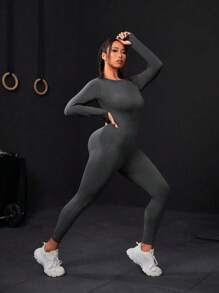 SHEIN Rhythm Era Plus Size Solid Color Thumb Hole Bodycon Sports Jumpsuit - Grey - View 2