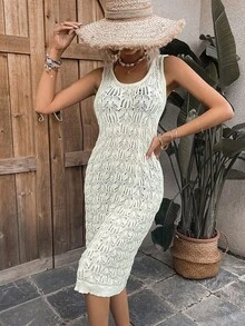 度假休闲纯色镂空针织罩衫连衣裙