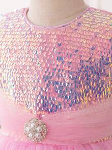 Toddler Girls' One Shoulder Net Yarn Party Dress With Sequins Panel And Beaded Decoration Birthday Dress - Pink - View 6