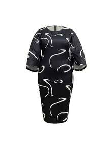 大尺碼女裝時尚寬鬆波浪袖連衣裙,有線條印花 - 黑色 - 查看 5