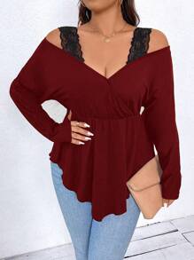 Calvaya 大尺碼蕾絲拼接露肩T恤 - 酒紅色 - 查看 1