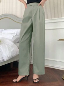 DAZY Ladies' Solid Color Folded Pleats Straight Leg Pants Women Dress Pants - Green - View 3