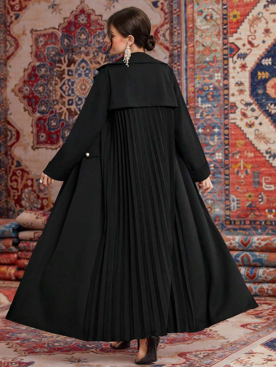 Al Najma Solid Color Lapel Collar Pleats Spliced Long Coat Abaya, Muslim Fashion Abaya For Casual/Festival/Gathering/Travel