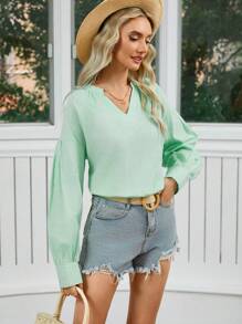 Aveloria Solid Color Notch Collar Long Sleeve Shirt Fall Cloth For Women - Mint Green - View 1