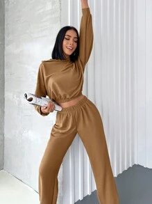 Cottnline Women'S Hooded Sweatshirt And Pants Two-Piece Set With Drawstring Waist - Camel - View 5