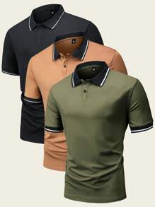 3 件装男士百搭复古简约时尚运动休闲假日条纹修身短袖 Polo 衫，夏季 - 彩色 - 查看 5