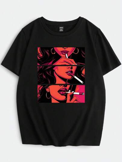 SHEIN EZwear Casual Cool & Spicy Lip Print Graphic Round Neck Short Sleeve Loose T-Shirt For Plus Size Women, Summer