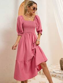 SHEIN VCAY Middle-Sleeved Puff-Sleeved Shirred Chest Dress - Pink - View 3