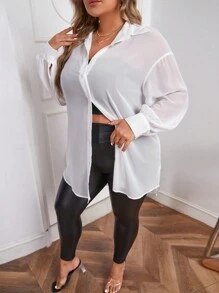 Slaydiva 大碼落肩袖前紐扣襯衫 - 白色 - 查看 5