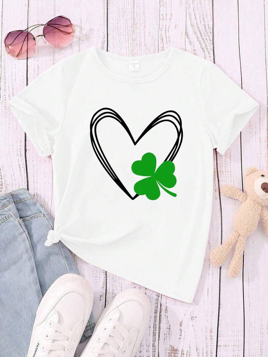 Young Girls' Summer Casual Heart & Clover Print Short Sleeve T-Shirt, St. Patrick's Day, Valentine's Day - White - View 1