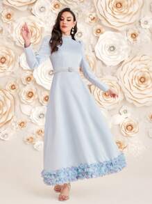 Modelyn 串珠立领荷叶边下摆 A 字形连衣裙，优雅晚会超长朴素长袖连衣裙 - 藍白色 - 查看 9