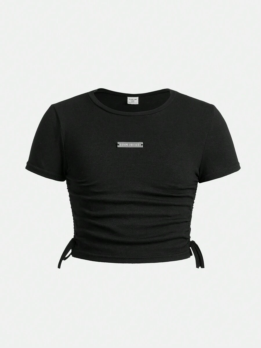 SHEIN Girlism 少女合身鉤織金屬貼片細節圓領短袖休閒t恤 - 黑色 - 查看 1