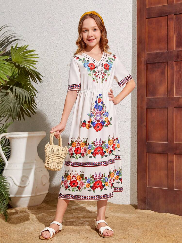 Tween Girls' Woven Floral Print V-Neck Loose Casual Vacation Dress