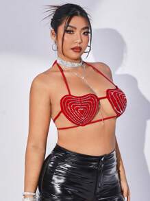 SHEIN ICON Y2K紅色加大碼心形鑲嵌胸衣吊帶領口開背削肩女式短上衣 - 紅色 - 查看 4