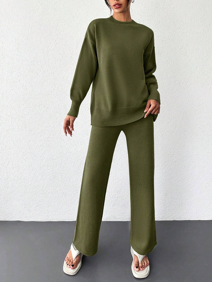 EURMUSE Women's Solid Color Round Neck Drop Shoulder Sweater And Pants Set - Khaki - View 1