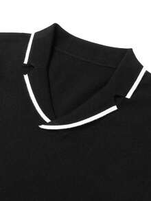 Suéter Masculino De Cuello Solapa Con Diseño De Bloque De Color Y Diseño De Ribete - Negro - Ver 4