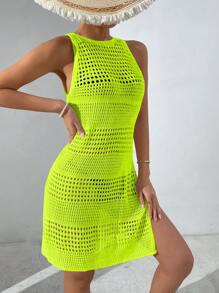Swim Vcay Summer Outfits For Women Solid Color Hollow Out Knitted Cover Up Summer - Lime Green - View 4