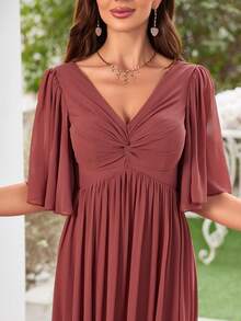 UNITHORSE V-Neck Ruched Chiffon Bridesmaid Dress - Redwood - View 3
