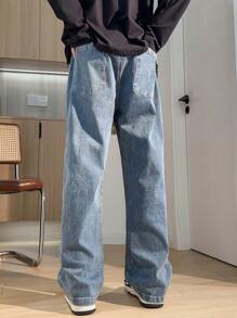 Jeans dritti con vita con cordoncino casual da uomo - Blu - Visualizzare 2