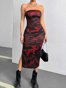 SHEIN ICON Women's Full Printed Dragon Pattern Shirred Dress