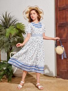 Mädchen Kleid Mit Gewebtem Blumendruck, Übergroßem Rundhalsausschnitt Und Lässigem Stil - Blau - Übersicht 6