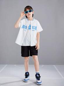 SHEIN Tween Boys' Loose Casual Round Neck Letter Pattern Short-Sleeved T-Shirt Shirt Shorts Three-Piece Set - White - View 3