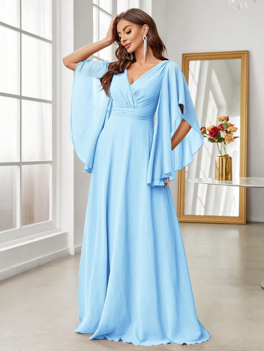 SHEIN Belle Adult Women's V-Neck Flounce Sleeve Pleated Bridesmaid Dress Elegant Formal Evening Prom Wedding Guest Gown, For Graduation, Dinner