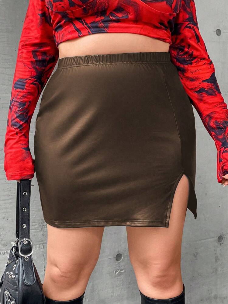 Plus Size Solid Color Split Hem Skirt