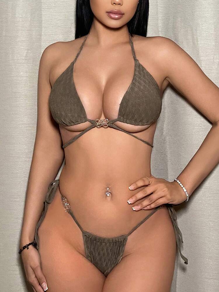 Women's Metal Butterfly Decor Texture Halter Neck Tie Bikini Set, String Beach Outfit Bathing Suit Summer