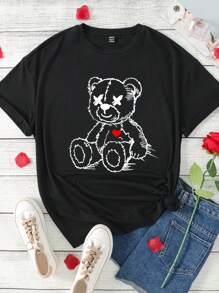 SHEIN EZwear 情人節1入超大號愛心泰迪熊印花圓領休閒寬鬆T恤衫 - 黑色 - 查看 1