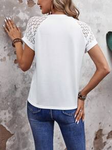 EMERY ROSE Của phụ nữ Màu thuần Ren Raglan Ngắn tay Giải trí Áo thun Mùa hè - trắng - Xem 2