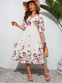 SHEIN VCAY Summer Women's Floral Printed Casual White  Long Dress With Sleeves - White - View 3