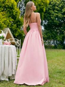 SHEIN Belle Màu thuần Cổ chữ V Hai Dây Phù dâu Với Khe Và Dây thắt lưng - Hồng - Xem 2