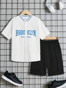 SHEIN Tween Boys' Loose Casual Round Neck Letter Pattern Short-Sleeved T-Shirt Shirt Shorts Three-Piece Set - White - View 17