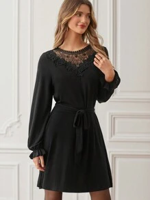 SHEIN Frenchy Lace Insert Long-sleeved Dress