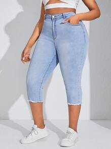 SHEIN SXY Kích thước lớn Của phụ nữ Frayed Hem Capri Quần jean - Màu xanh lam - Xem 2