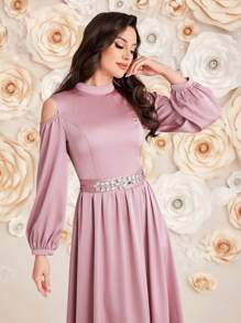 Modelyn Women's Long Sleeve Arabian Modest Dress, Elegant Evening Party Dress - Pink - View 6