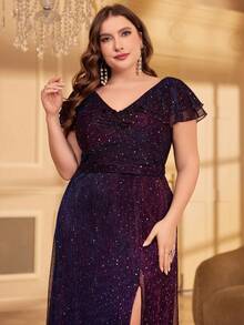 Plus Flutter Sleeve Split Thigh Glitter Party Dress - Purple - View 3