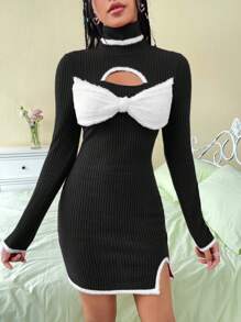 SHEIN EZwear Women's Color Block Fuzzy Panel Cut Out Front Long Sleeve Bodycon Dress - Black - View 5