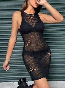 Flirla Elegante Vestido De Suéter Sin Mangas Con Huecos
