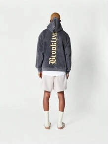 SUMWON Overhead Washed Hoodie With Brooklyn Graphic Print - Black - View 3