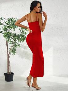 Solid Color Women's Spaghetti Strap High Slit Dress - Red - View 3