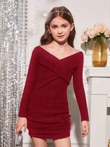 SHEIN Tween Girls休閒純色交叉包裹長袖連衣裙 - 紅色 - 查看 1