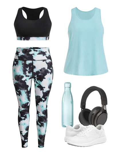 Rhythm Era Plus Size 3Pcs Tie Dye Contrast Panel Cut Out Back Sports Set Workout Clothes Workout Women Set