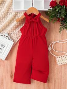 嬰兒女孩無袖露背連體褲,蝴蝶結裝飾 - 紅色 - 查看 1