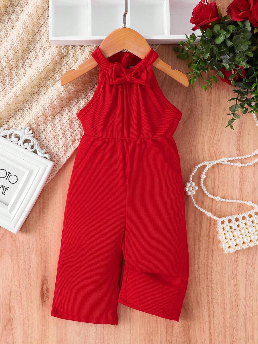 嬰兒女孩無袖露背連體褲,蝴蝶結裝飾 - 紅色 - 查看 1